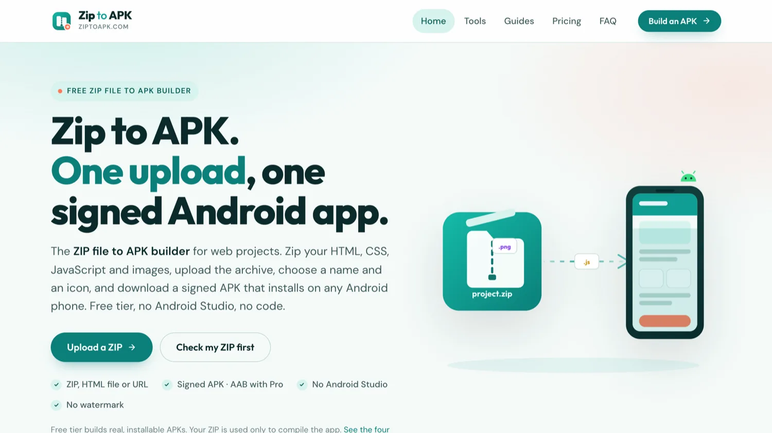 The Zip to APK home page with the Convert ZIP to APK button and the animated illustration of files leaving an archive and entering a phone