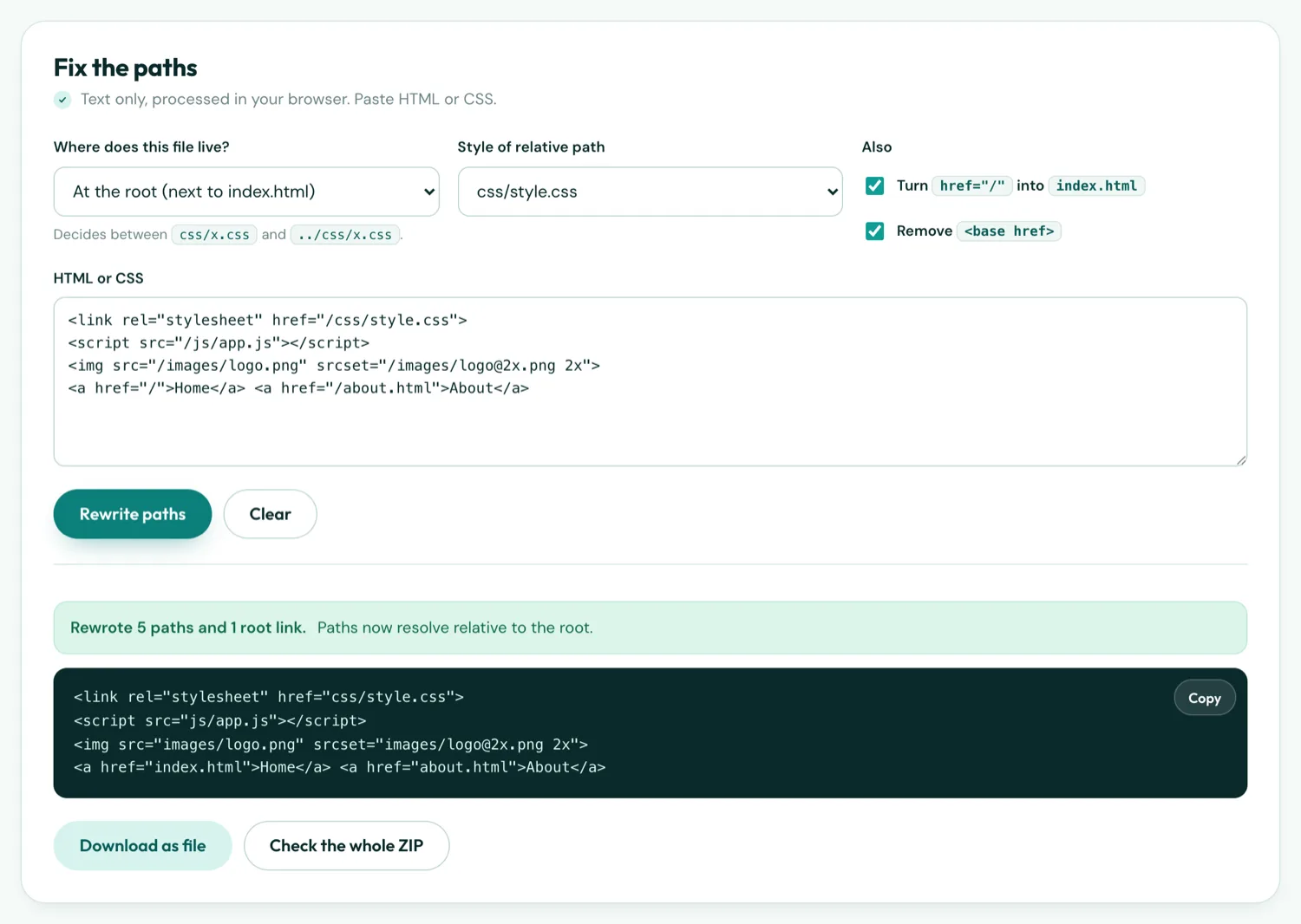 The Absolute Path Fixer with rewritten paths shown in the output panel